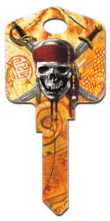 D28 - Skull & Swords  | Skull & Swords  Disney,pirates,pirates,of,the,caribbean,skull,sword,swords,art,key,house key,keys,howard,howard keys,sc1,wr,kw,Pirates of the Caribbean, Skull & Swords licensed painted house key blank